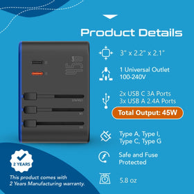 45W charging power supports phones, tablets, and laptops on the road.
