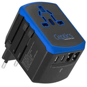 Ceptics universal travel adapter shown in compact form for effortless packing and on-the-go charging