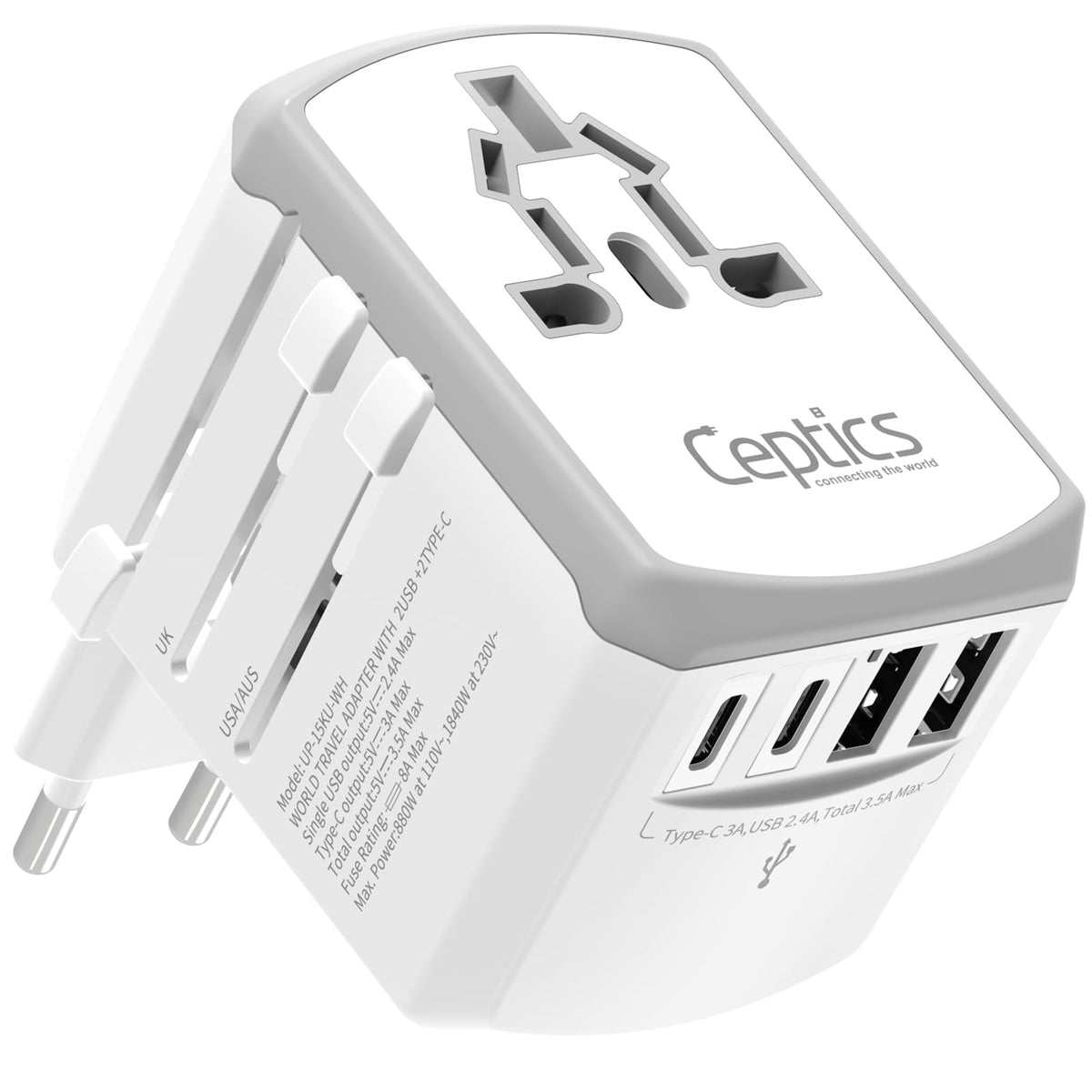 Ceptics universal travel adapter compact front view for easy international charging
