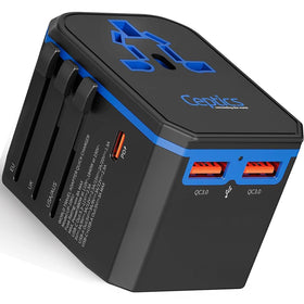 Ceptics universal travel adapter front view shows a compact all-in-one design for world outlets.