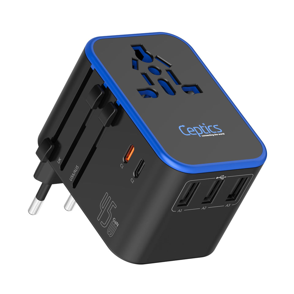 Ceptics universal travel adapter with PD and QC3.0 USB-C ports for fast charging worldwide.