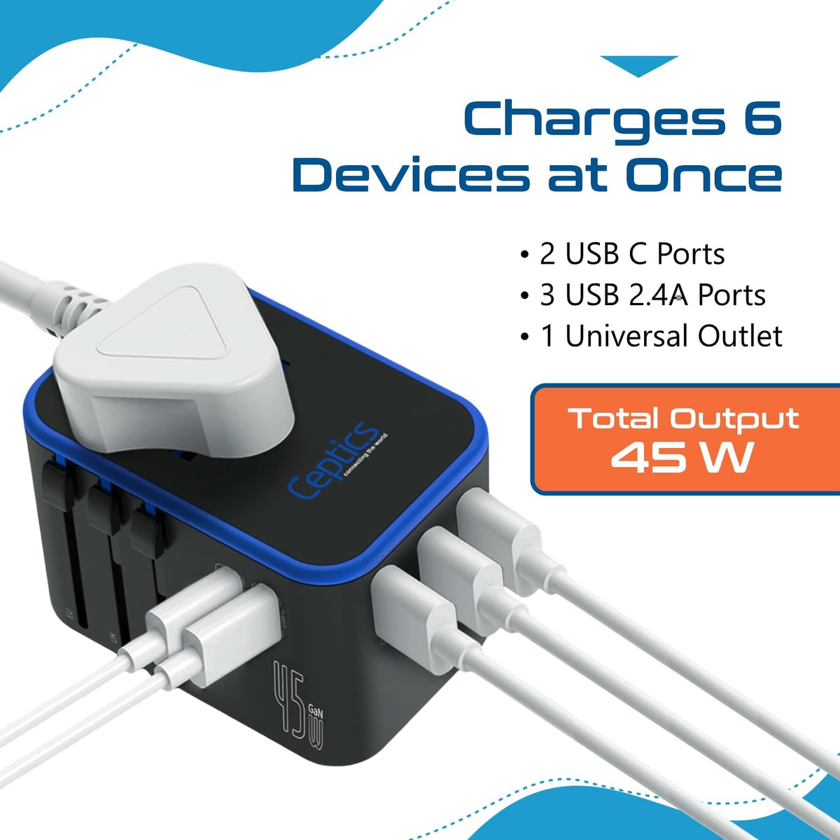 Ceptics safety shutters and fuse protect devices during charging abroad.