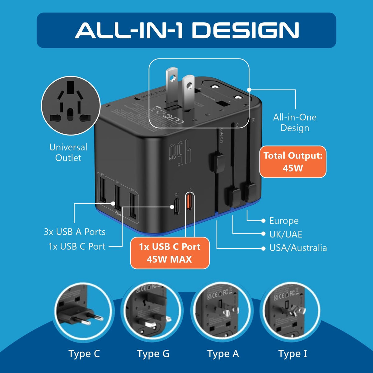 Ceptics universal adapter supports Type A, I, C, and G outlets for global compatibility.