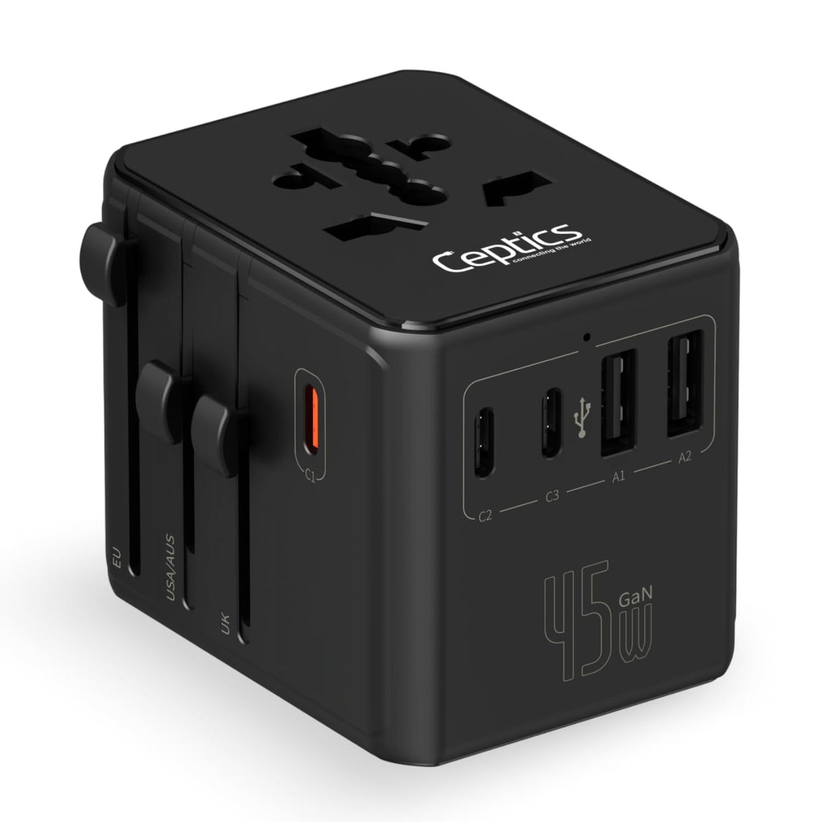 Ceptics universal travel adapter showing world-wide outlets for international trips