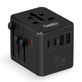 Ceptics universal travel adapter showing world-wide outlets for international trips