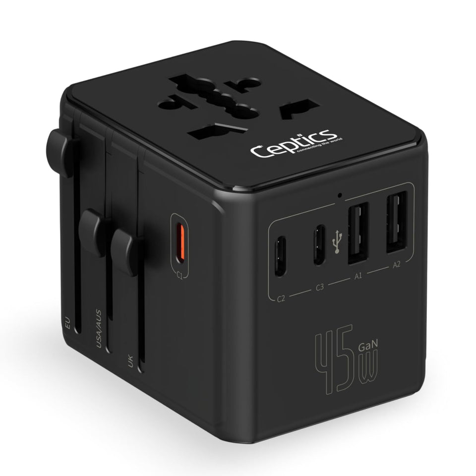 Ceptics universal travel adapter showing world-wide outlets for international trips
