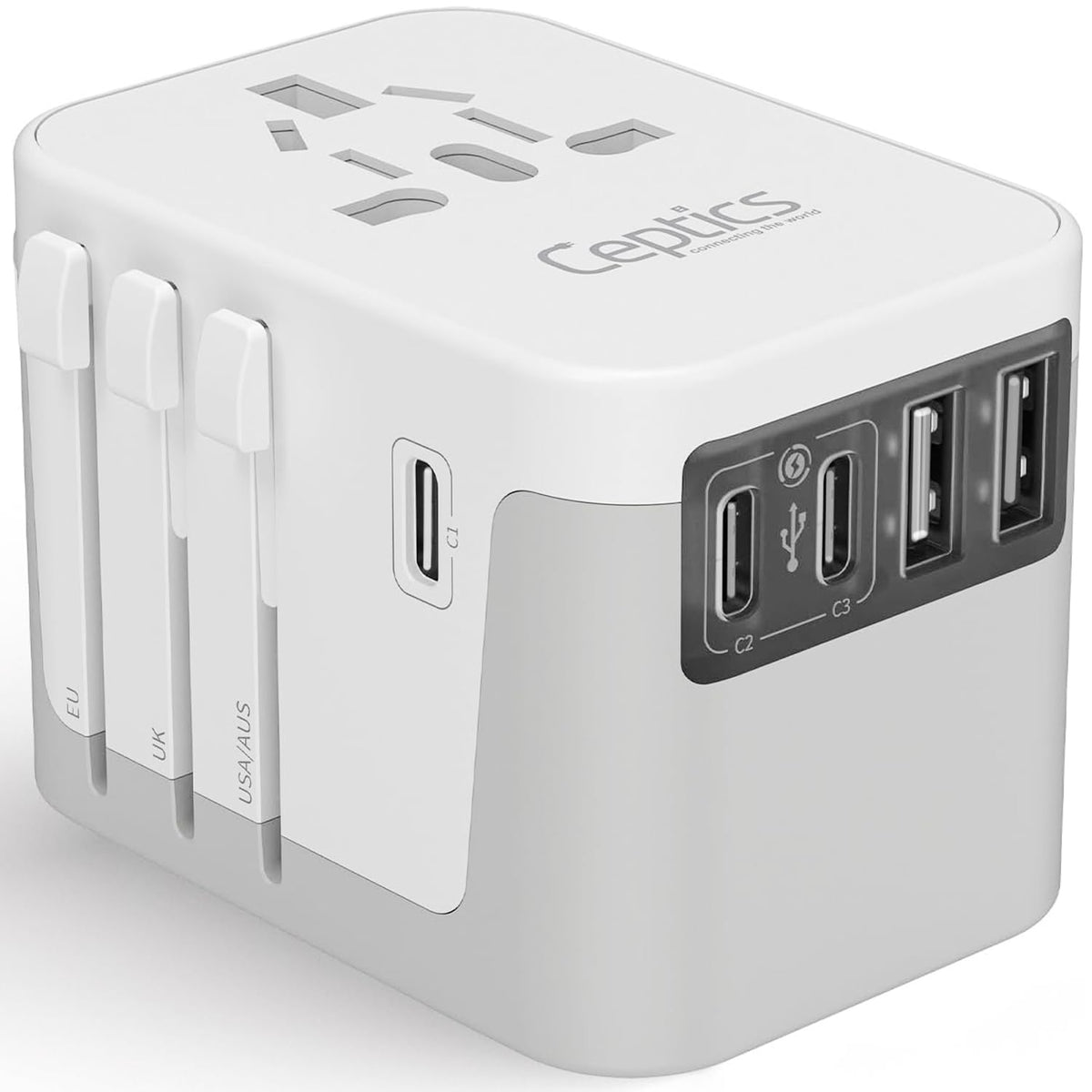 Ceptics UP-30KU-WH front view, universal adapter ready for worldwide travel charging.