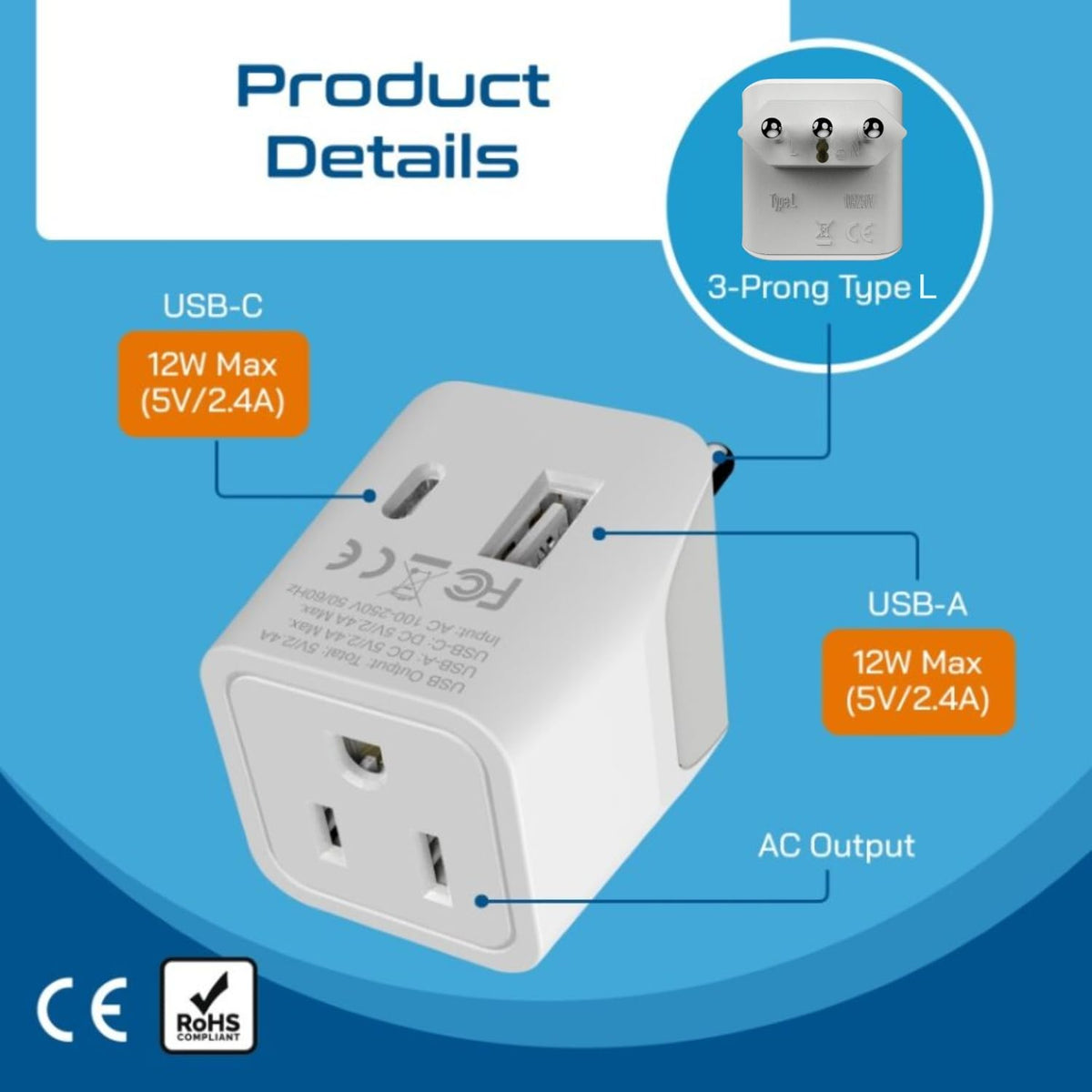 Ceptics USA socket input provides familiar charging experience abroad.