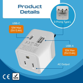 Ceptics USA socket input provides familiar charging experience abroad.