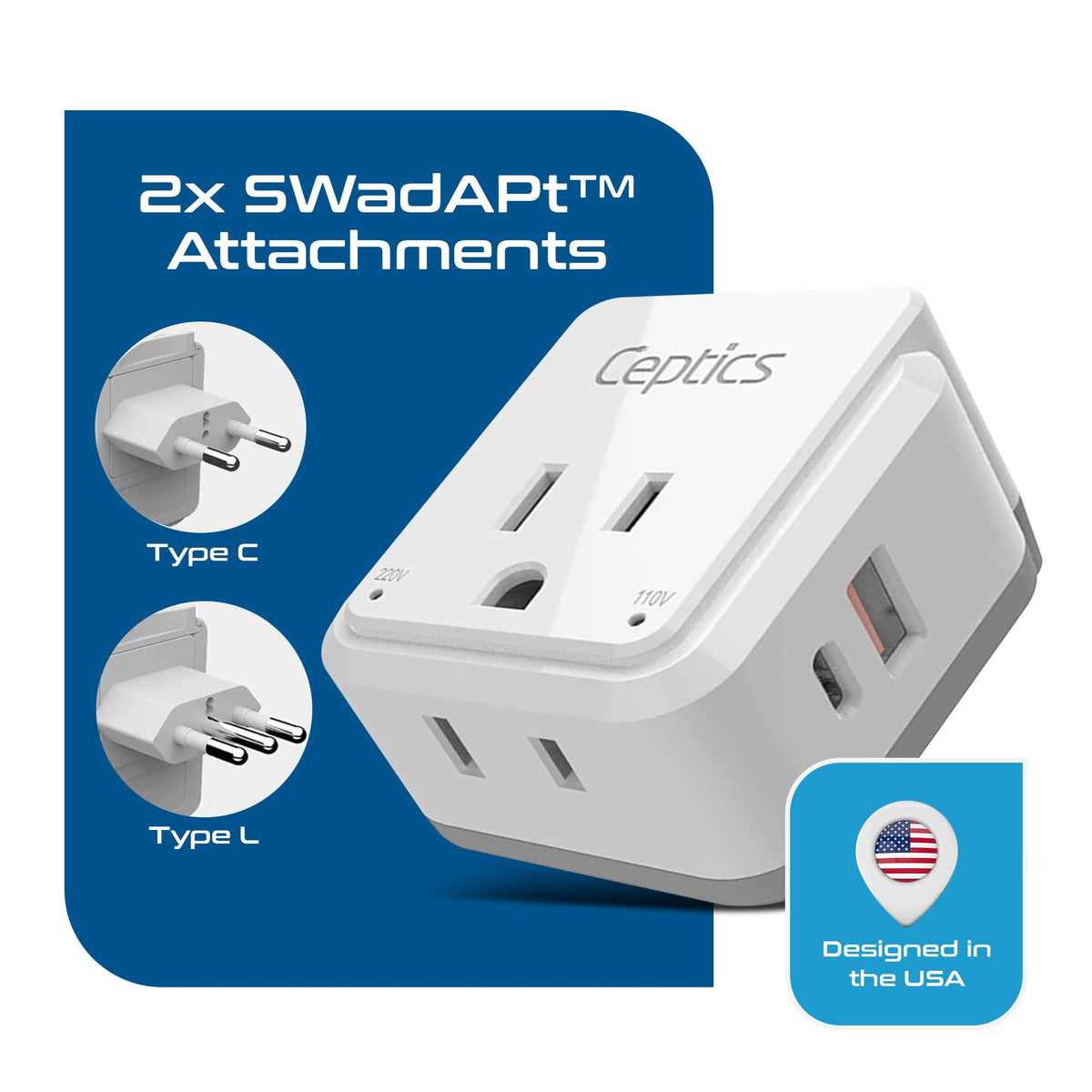 Ceptics USB-C PD 20W and USB-A 18W ports for fast charging.
