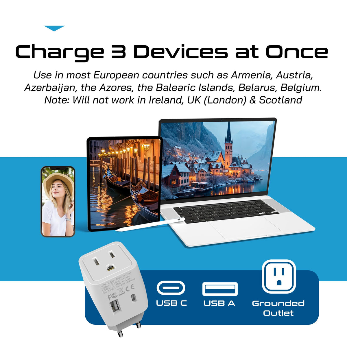 Ceptics USB ports enable quick charging for phones and tablets while traveling.