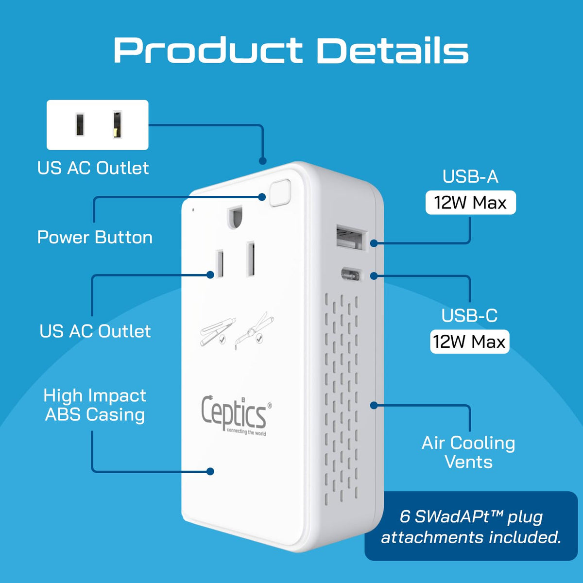 Ceptics connected with a European plug adapter demonstrating worldwide use
