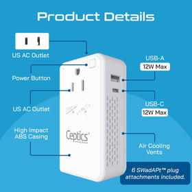 Ceptics connected with a European plug adapter demonstrating worldwide use