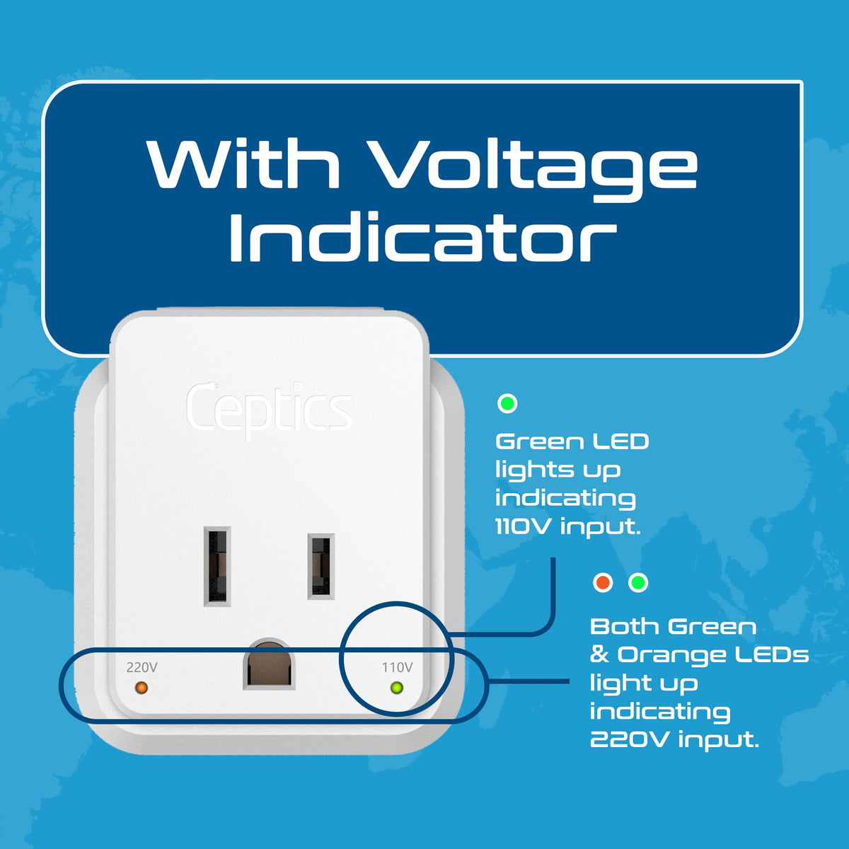 Ceptics World power adapter with two USA outlets for local devices.