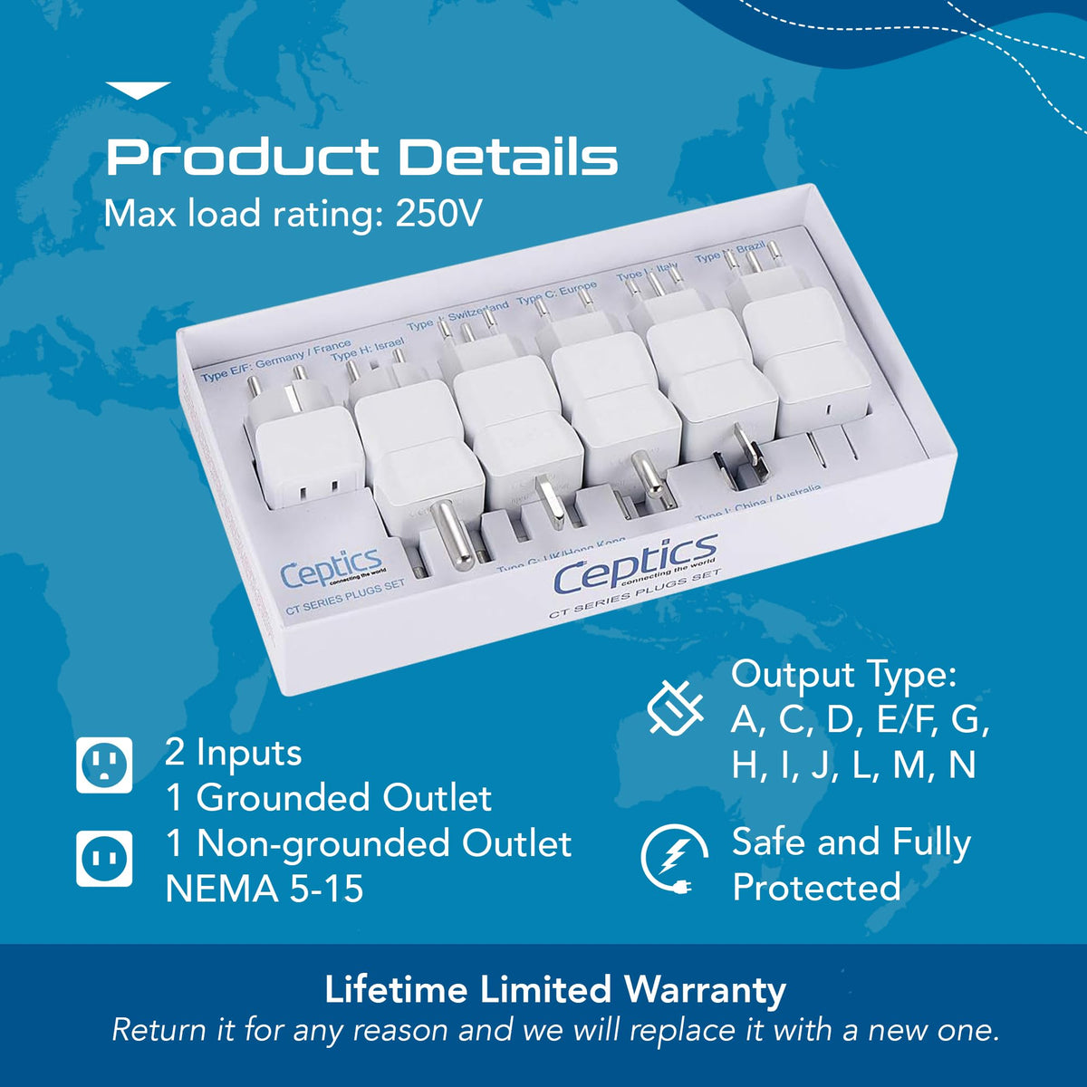 Ceptics world travel adapter compact size ideal for carry-on charging.