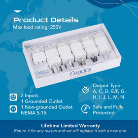 Ceptics world travel adapter compact size ideal for carry-on charging.