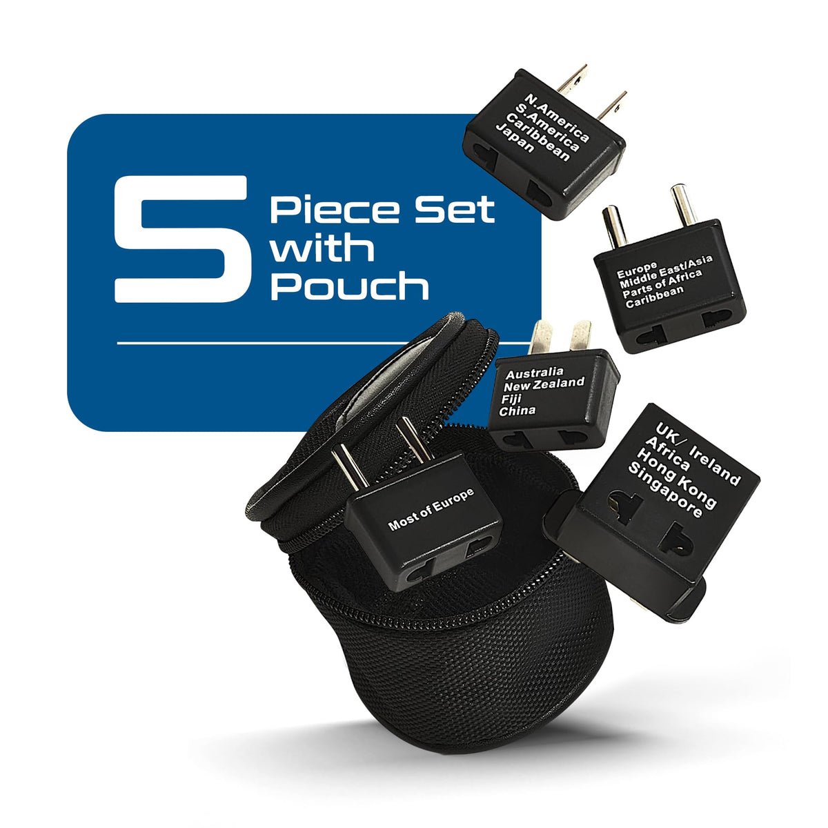 Ceptics travel plug set plugs labeled by region for quick compatibility checks.