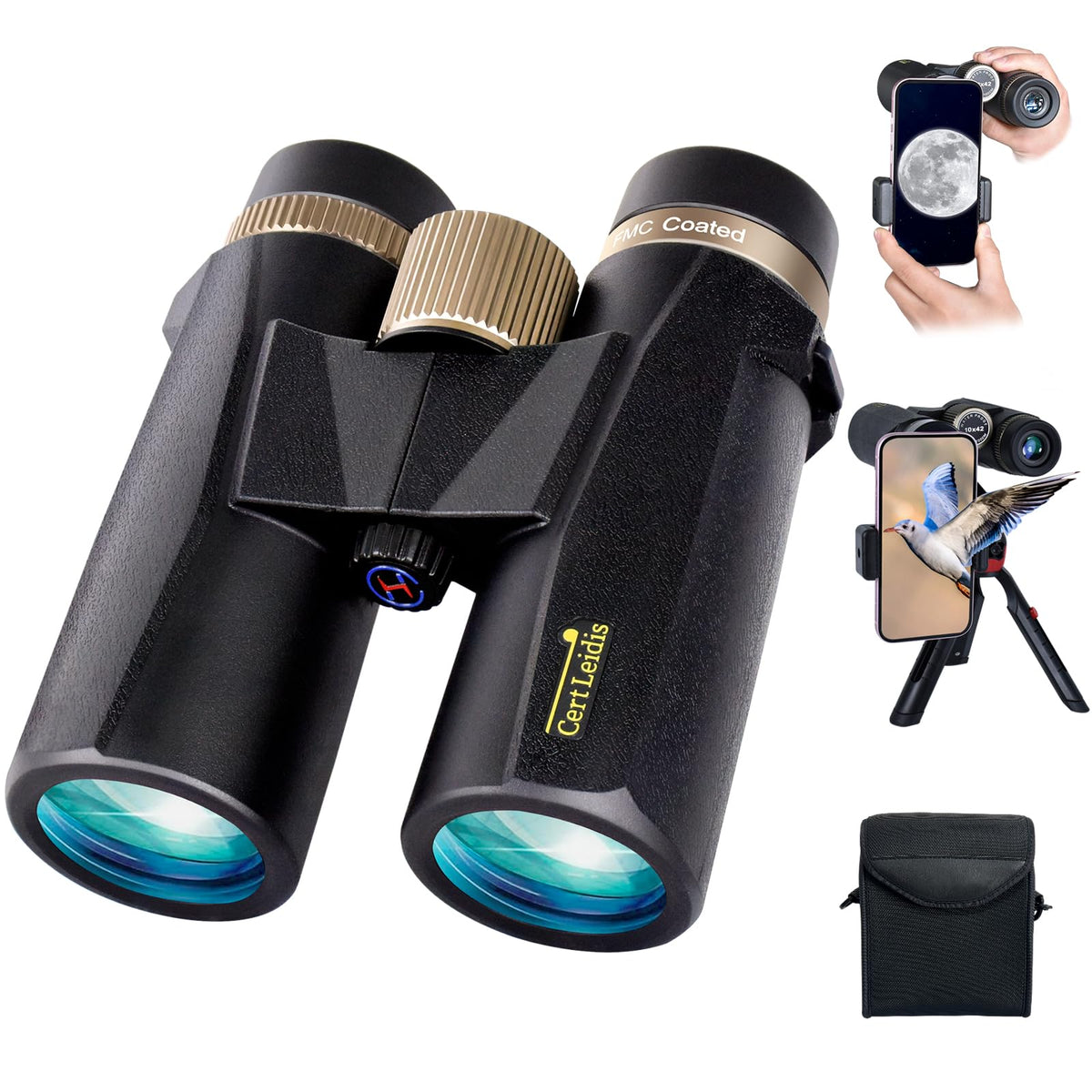 Cert Leidis front view showing compact binoculars and included accessories for easy packing