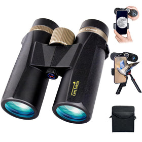 Cert Leidis front view showing compact binoculars and included accessories for easy packing
