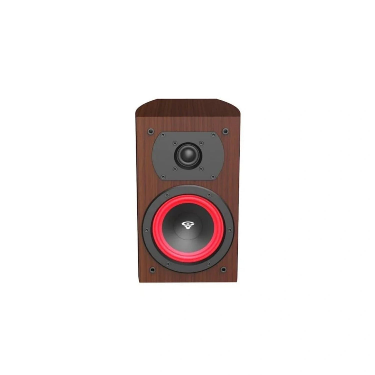 CERWIN-VEGA LA14 cabinet curve in espresso signals stylish integration with performance.
