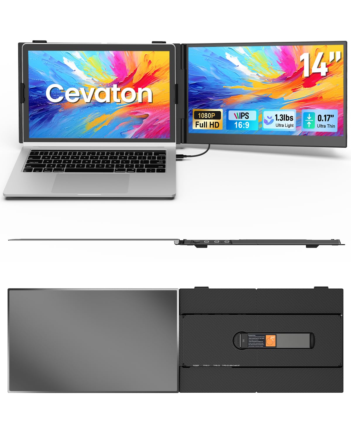 Cevaton 14-inch laptop screen extender in ultra-thin profile for portable productivity.