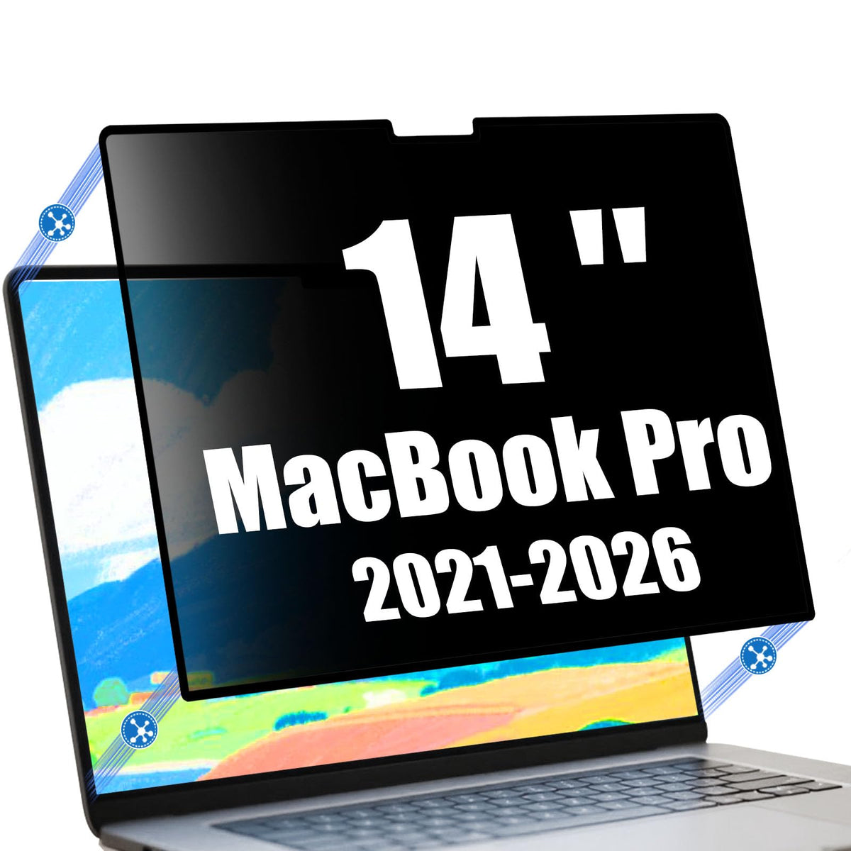 Ceydebne privacy filter on MacBook Pro 14 blocks side snooping for enhanced privacy.