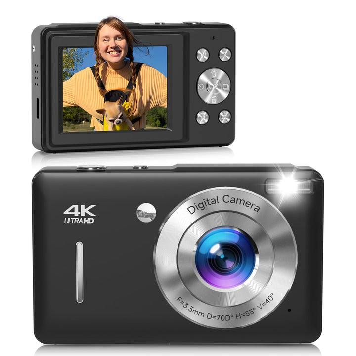 ceye front view of compact camera showing controls and compact build for portability