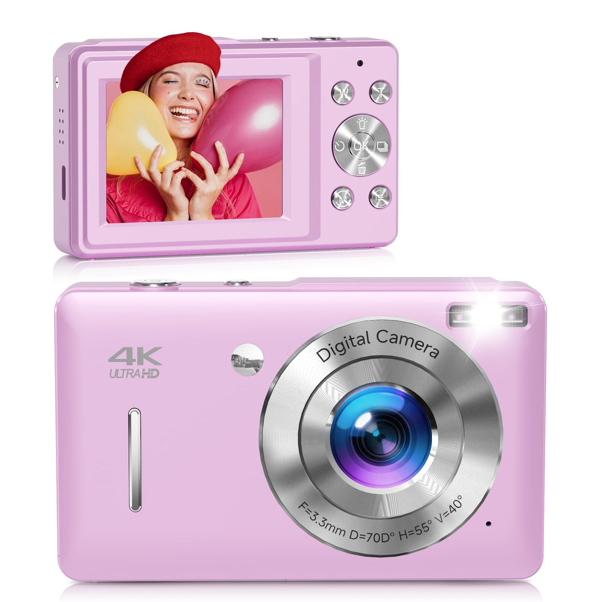 ceye front view of purple camera showing compact design and easy grip