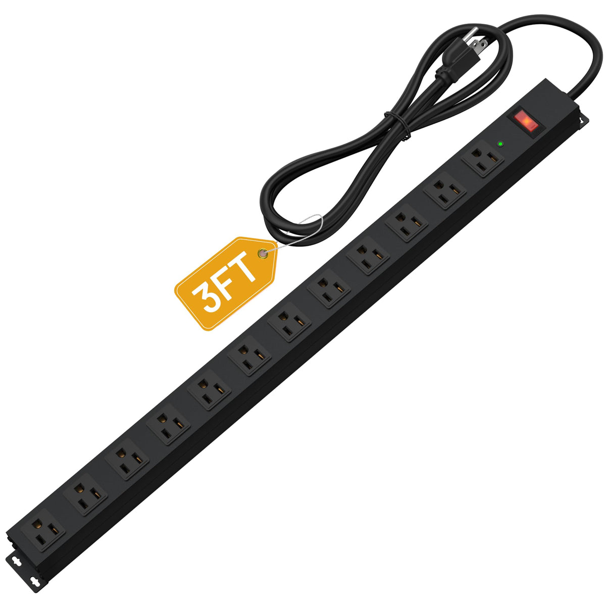 CFMASTER 12-outlet power strip front view shows wide spacing for easy, clutter-free connections.