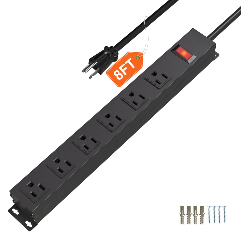 CFMASTER 6-outlet heavy-duty power strip with 8-foot cord for flexible placement.