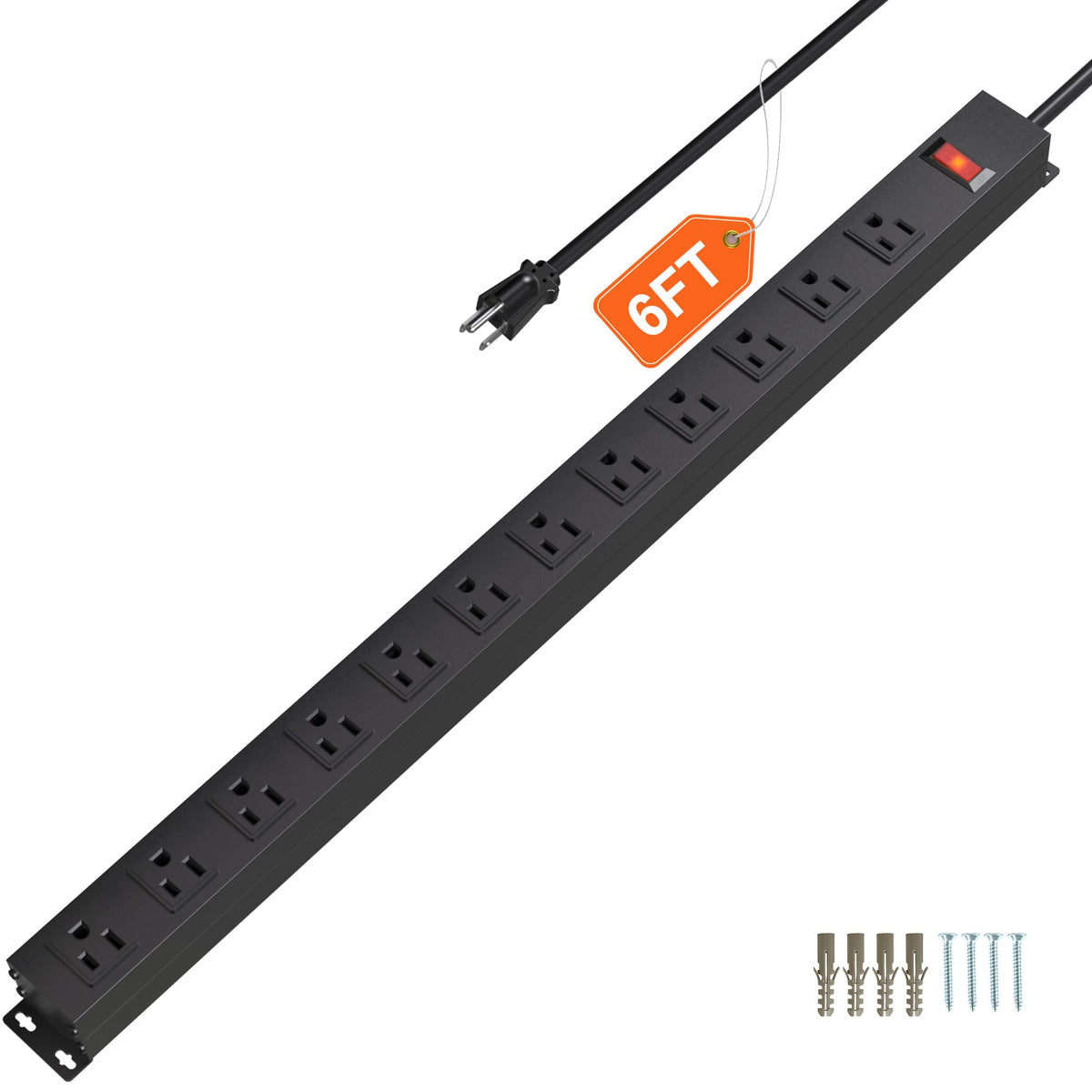 CFMASTER front view of 12-outlet metal power strip showing robust layout and capacity