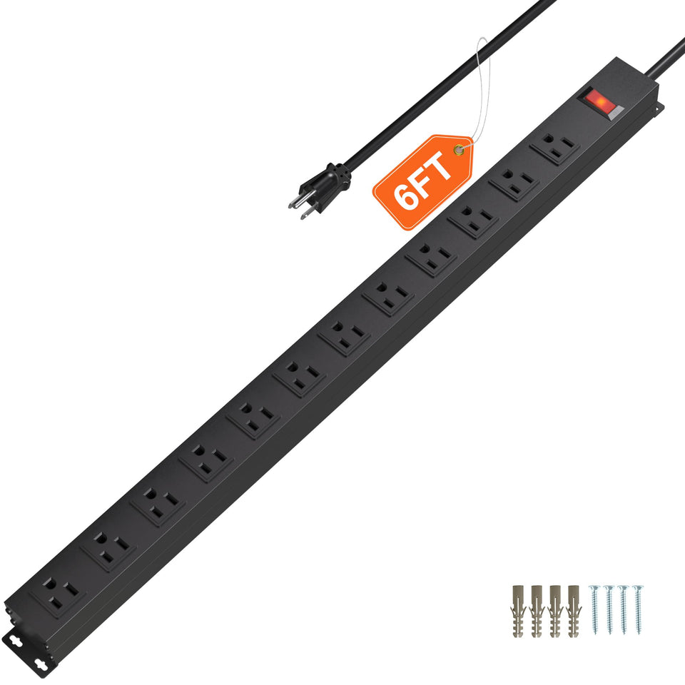 CFMASTER front view of 12-outlet metal power strip showing robust layout and capacity