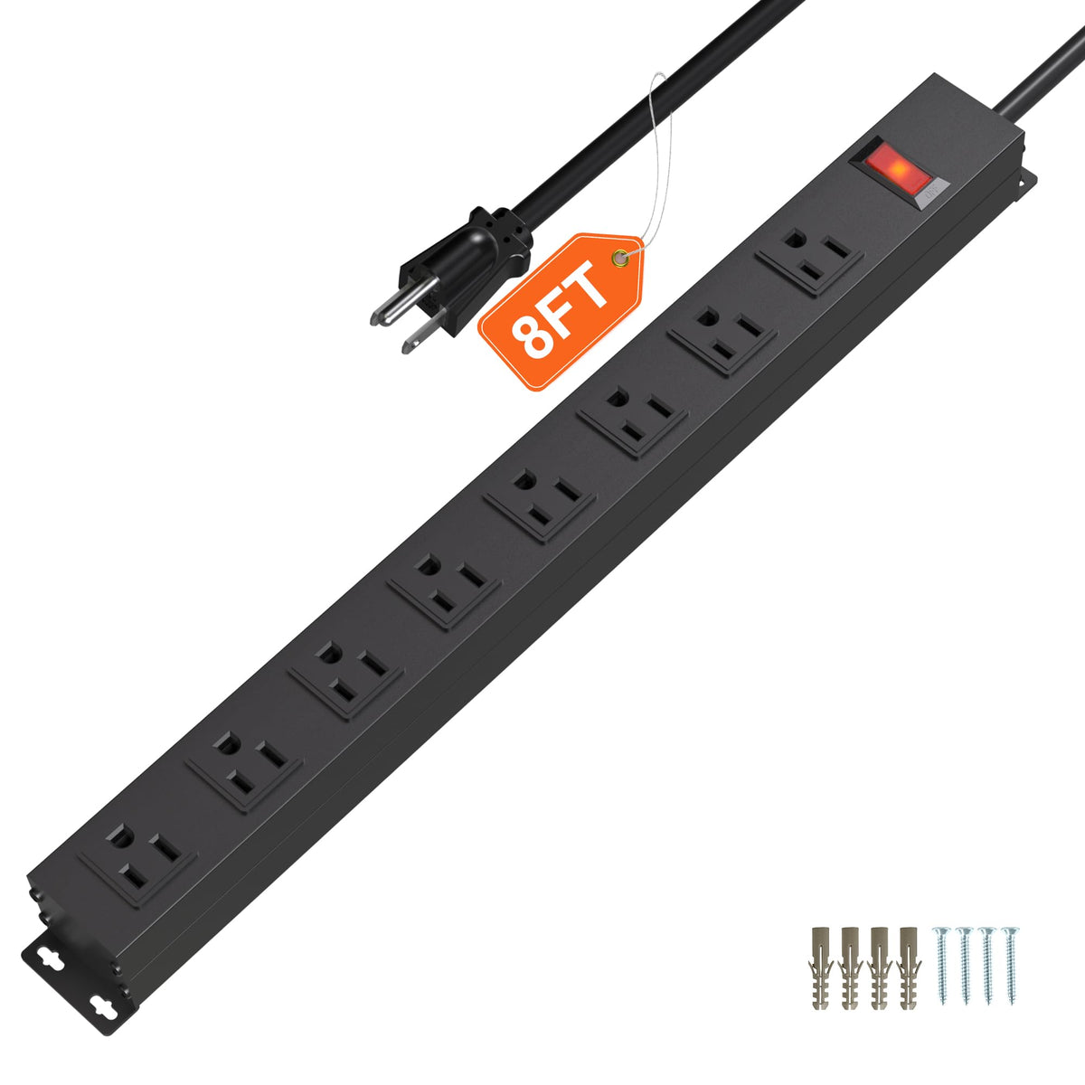 CFMASTER front view metal power strip showing eight outlets and durable housing for reliable power