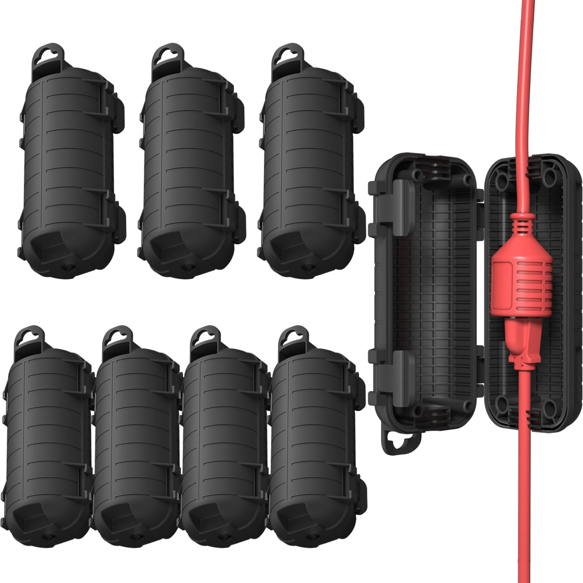 CFMASTER front view of eight cord covers showing compact storage and outdoor readiness
