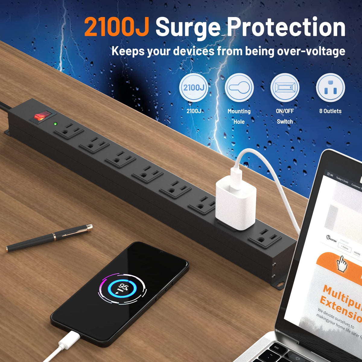CFMASTER heavy-duty aluminum surge protector with eight outlets for workshop tasks.