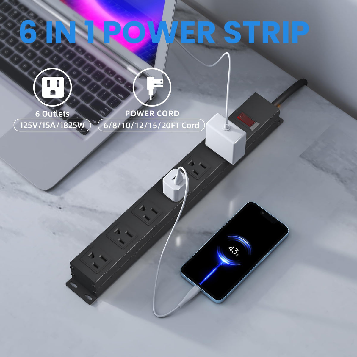 CFMASTER power strip features a durable metal housing for long-term use in busy spaces