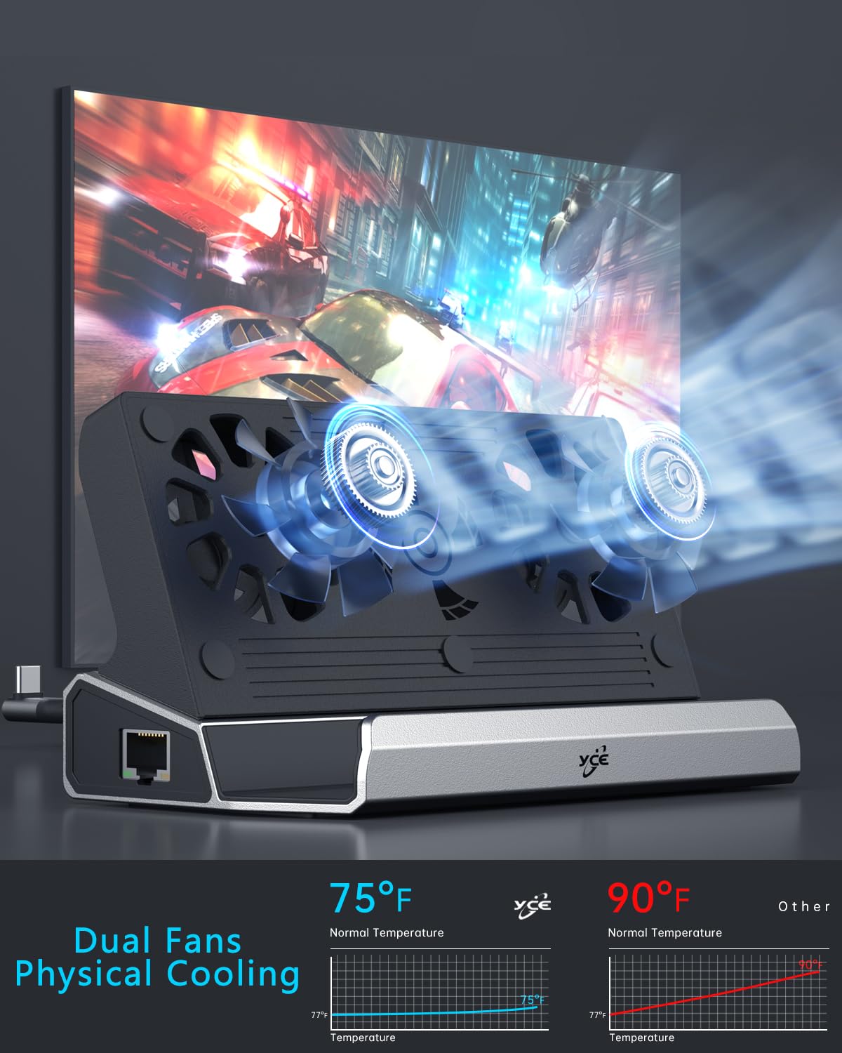 ChampSun dock in living room setup enabling TV gaming and wired internet