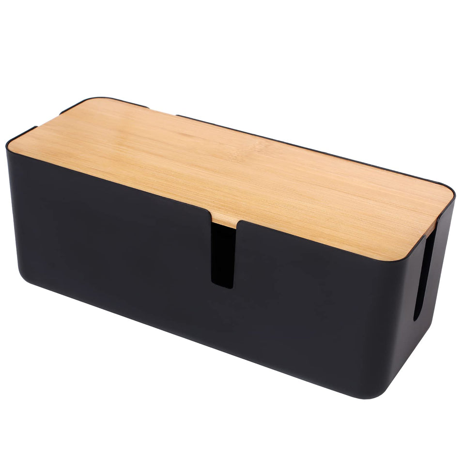 Changsuo bamboo lid cable box front view to keep cords tidy on desk