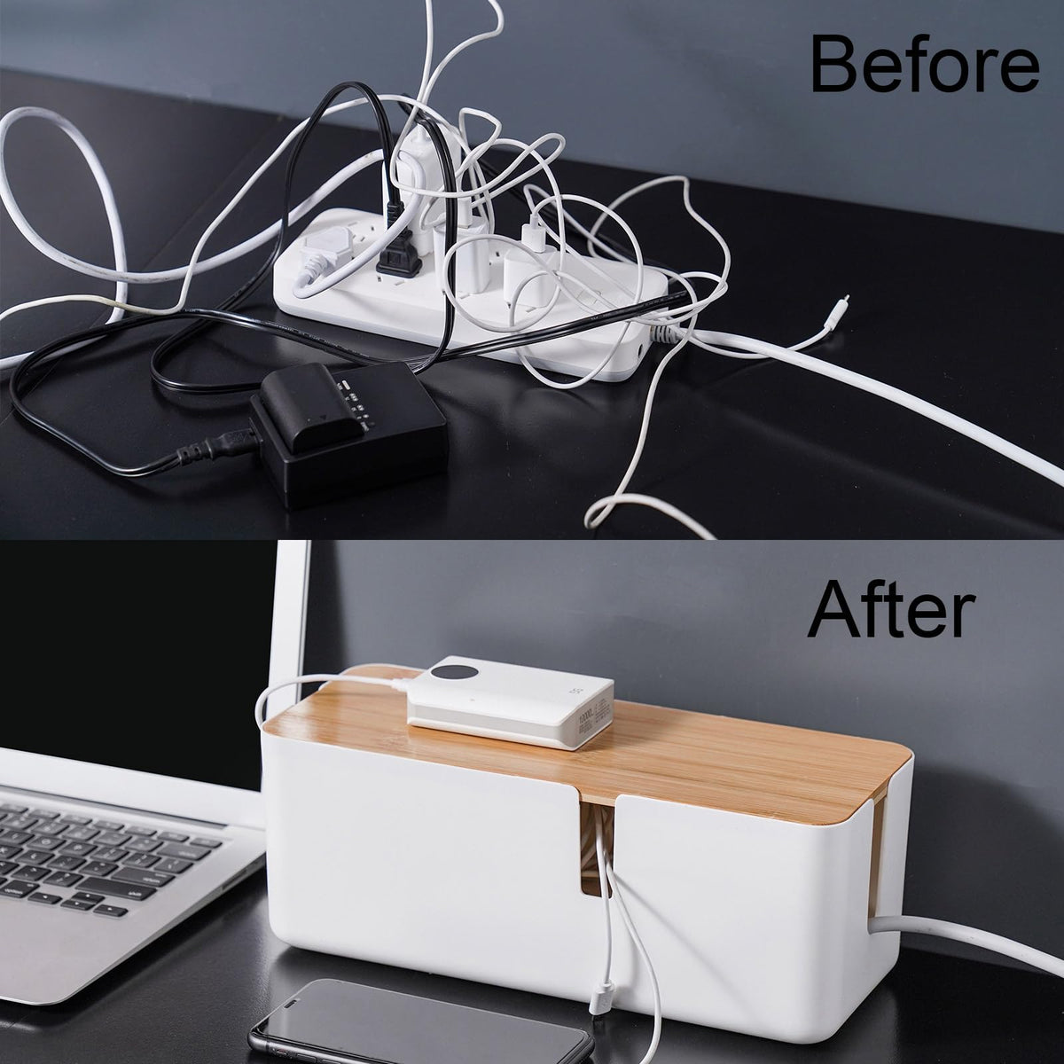 Changsuo cable-management box open shows roomy space for surge protectors.