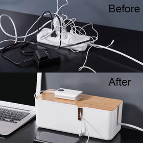 Changsuo cable-management box open shows roomy space for surge protectors.