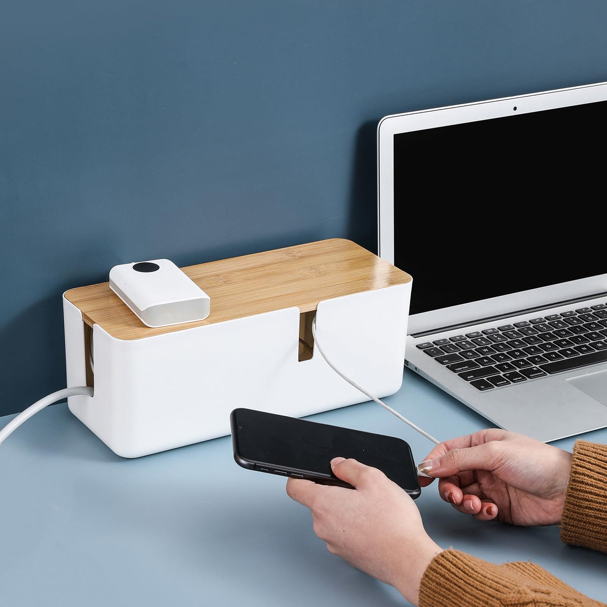 Changsuo nightstand placement keeps cords out of reach.