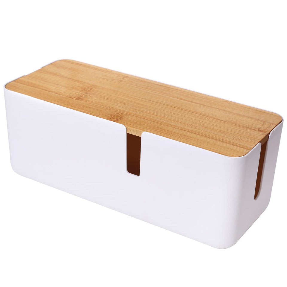 Changsuo small cable box with bamboo lid neatly hides desk cords.