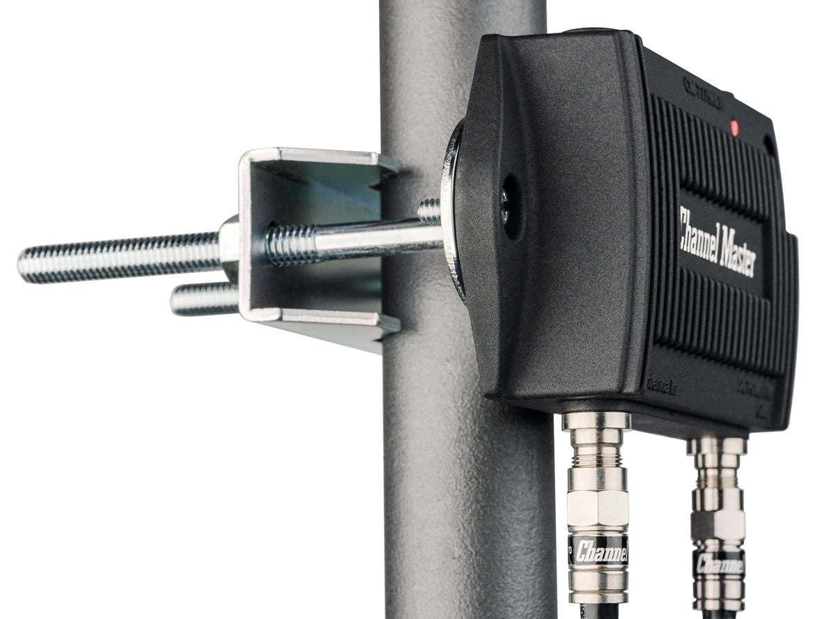 Channel Master PreAmp close-up showing LTE filter and EMI out-of-band filtering
