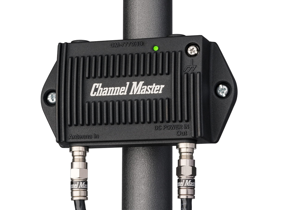 Channel Master PreAmp mounted on outdoor antenna for extended range and reliability