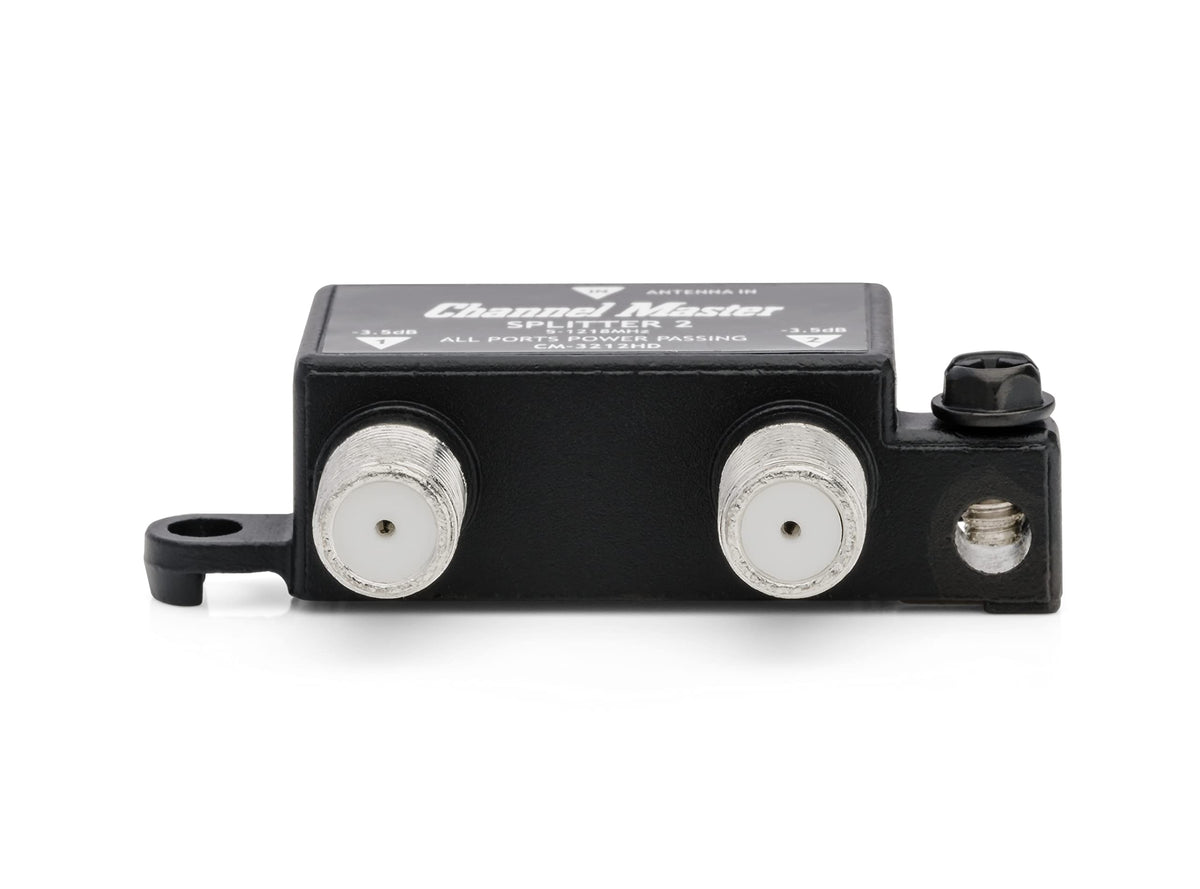 Channel Master Splitter 2 indoor setup distributing signal to two TVs with low loss.