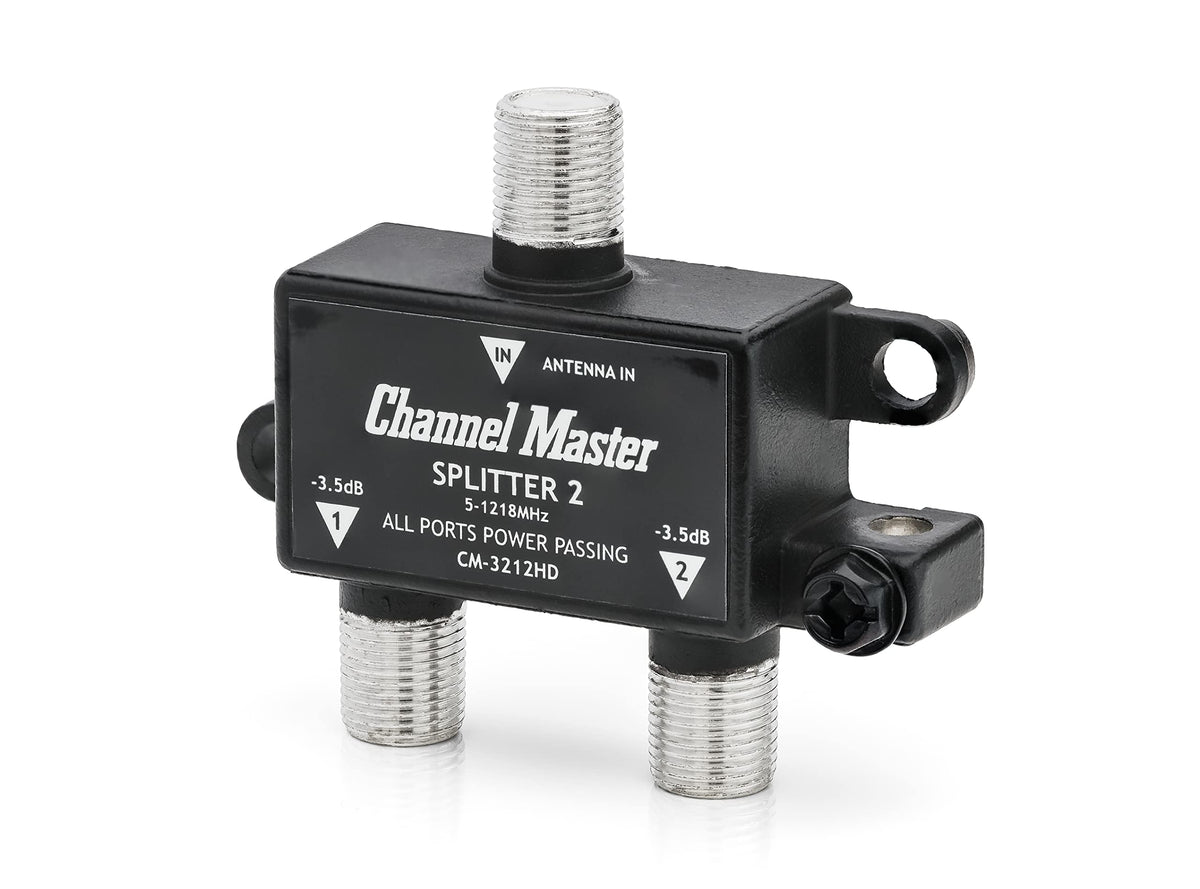 Channel Master Splitter 2 rear ports illustrate power passing to amplifiers.