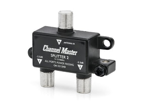 Channel Master Splitter 2 rear ports illustrate power passing to amplifiers.