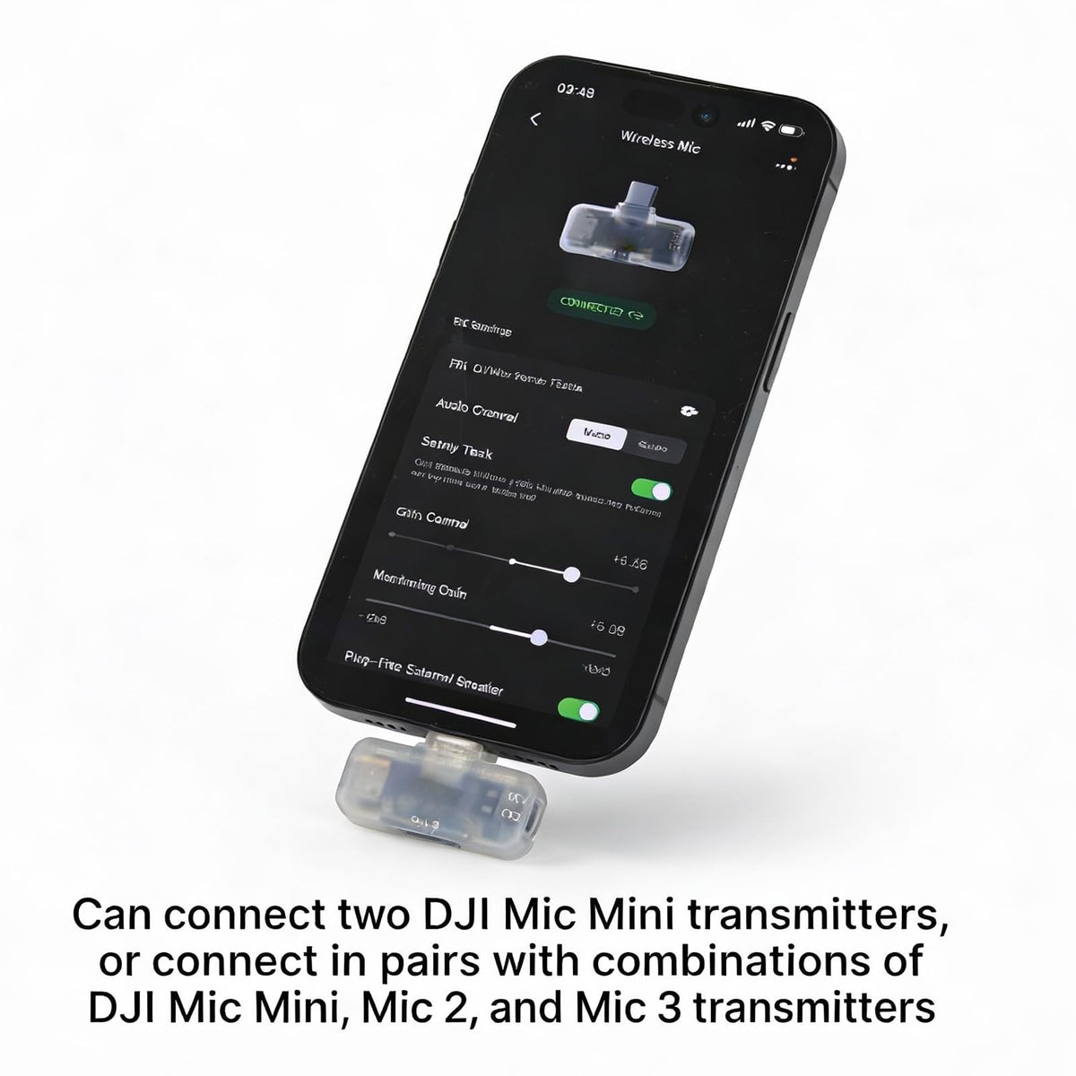 CharLok adapter connected to smartphone with DJI receiver attached, enabling on-the-go recording