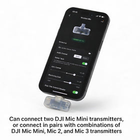CharLok adapter connected to smartphone with DJI receiver attached, enabling on-the-go recording