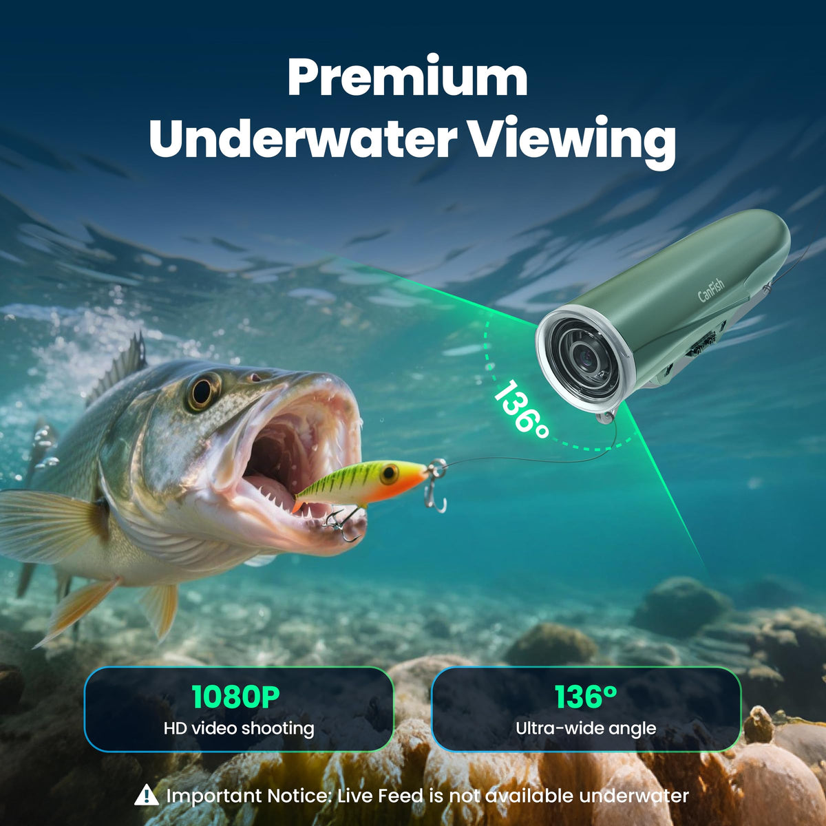 Chasing CamX wide-angle 136deg lens captures broad underwater scenes for better awareness.
